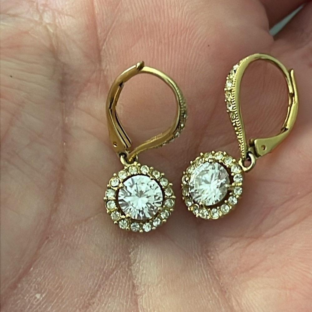 Nadri Framed Round CZ Halo Drop Earrings Gold Leverback - Picture 8 of 8